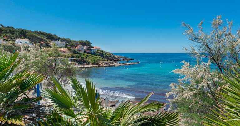 Plage de Portissol à Sanary-sur-Mer avec vue sur la Méditerranée et les palmiers